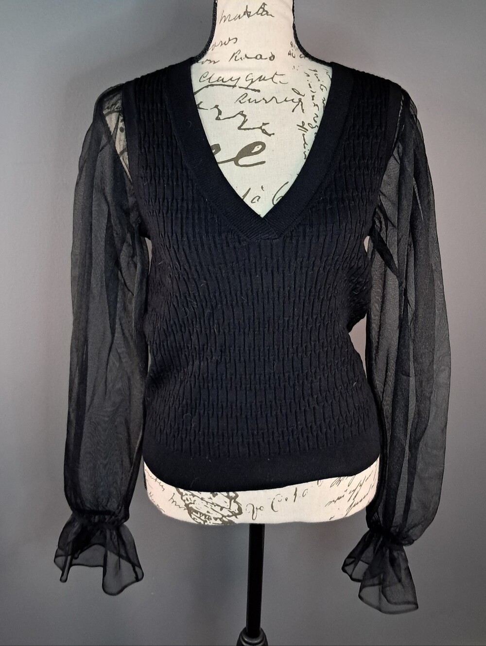 Maeve Anthropologie Sheer-Sleeve Sweater in Black Size Women's Size Medium